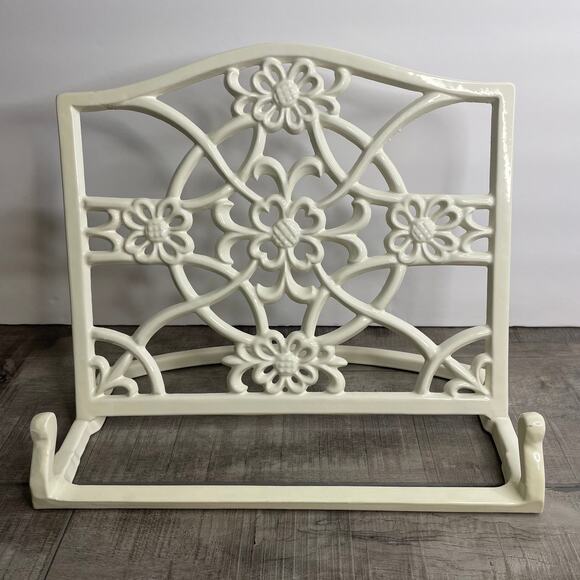 Farmhouse Decor White Enameled Cast Iron Cookbook Holder Floral Tablet Stand - Picture 1 of 5